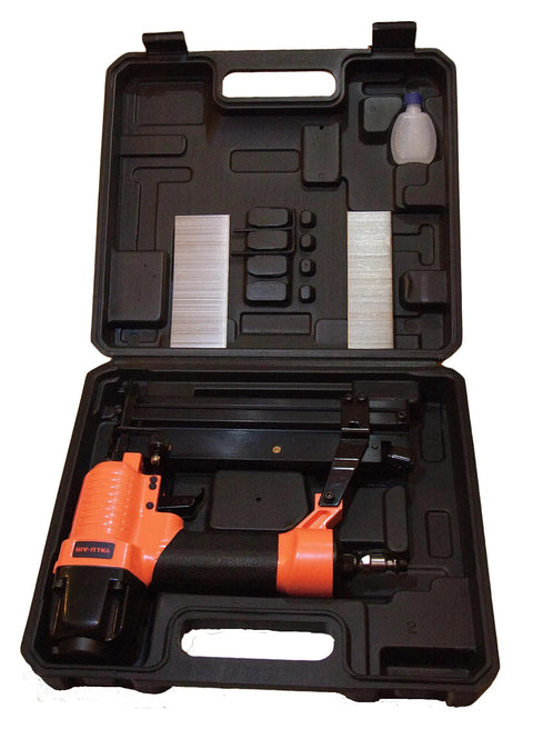 Straight Shooter 18 Gauge Pneumatic Brad Nailer And Twofer Air Stapler in black case with accessories for easy carpentry.
