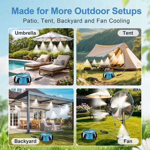 Portable Outdoor Misting System With Rechargeable Pump 23 Feet Of Mist Tubing 6 Adjustable Nozzles 30L Foldable Water Bag No Faucet Needed Ideal For Patio Tent Canopy Backyard Umbrella And Camping in various outdoor setups