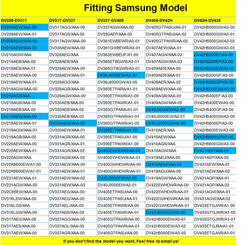 Image showing a compatibility chart for Samsung dryer models including DV45H7000EW and others for the Upgraded Dryer Pulley Belt Kit With Dual Ball Bearing Idler And Hefty 6602-001655 Belt, Includes DC93-00634A Idler And DC61-01215B Tension Spring, Easy Install Replacement For DV45H7000EW DV48H7400EW DV42H5000EW DV48J7700EW.