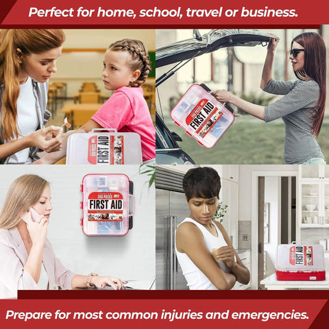 M2 BASICS 350-piece First Aid Kit in red-and-clear dual-layer hard case, wall-mountable, Amazon.