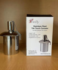 Polished Stainless Steel Table Top Tiki Torch Canister With Refillable Fuel Reservoir For Outdoor Use beside packaging box