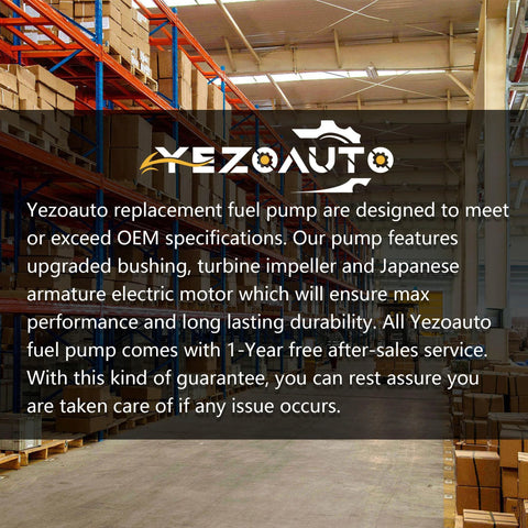 Warehouse with stacked shelves and Yezoauto banner displaying product information about fuel pumps.