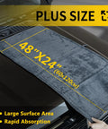 Large grey microfiber drying towel on a car hood, labeled 48x24 inches, highlighting size and absorption qualities. 2 Pack 48x24 Inch Car Drying Towels For Ultra Absorbent Auto Detailing Heavy Duty Large Microfiber Car Wash Towels Extra Large Drying Towels For Quick Shine And Scratch Free Finish Premium Auto Care Accessories.
