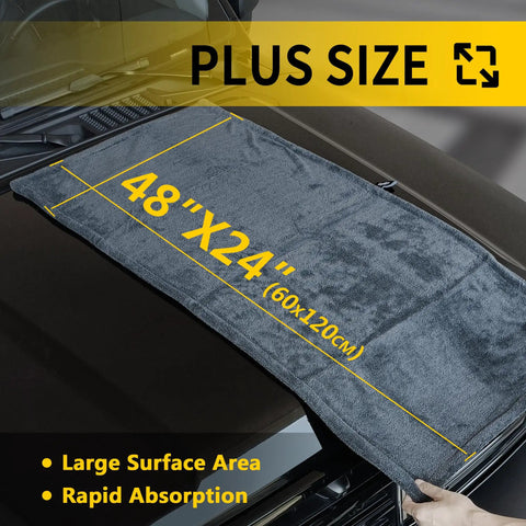Large grey microfiber drying towel on a car hood, labeled 48x24 inches, highlighting size and absorption qualities. 2 Pack 48x24 Inch Car Drying Towels For Ultra Absorbent Auto Detailing Heavy Duty Large Microfiber Car Wash Towels Extra Large Drying Towels For Quick Shine And Scratch Free Finish Premium Auto Care Accessories.