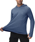 Lightweight UPF 50 Plus Long Sleeve Fishing Shirt for Men With Hooded Sun Shield shown in blue, quick dry fabric detail