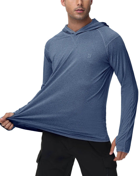 Lightweight UPF 50 Plus Long Sleeve Fishing Shirt for Men With Hooded Sun Shield shown in blue, quick dry fabric detail