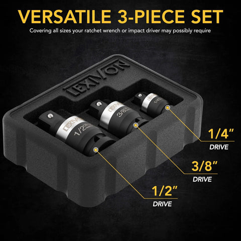 Beefed Up Slim Impact Universal Joint Set With One Half Inch Three Eighths Inch And One Quarter Inch Socket Swivels For Narrow Spaces Chrome Molybdenum Steel Full Impact Grade Matte Black Chrome Finish Ball Spring Design Delivers 360 Degree Rotation in foam case