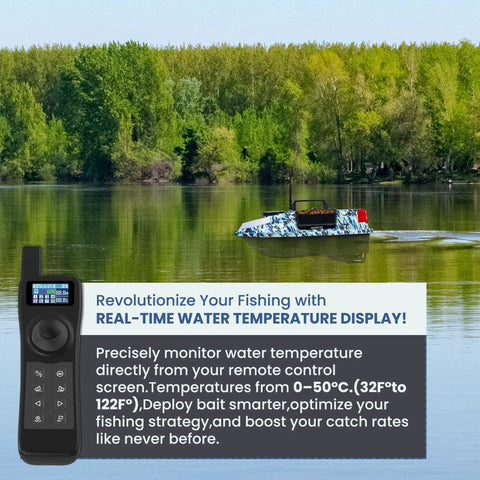 Bait Boat With Depth And Temp Sensor, GPS Range Up To 546 Yds on lake with remote control and temperature display