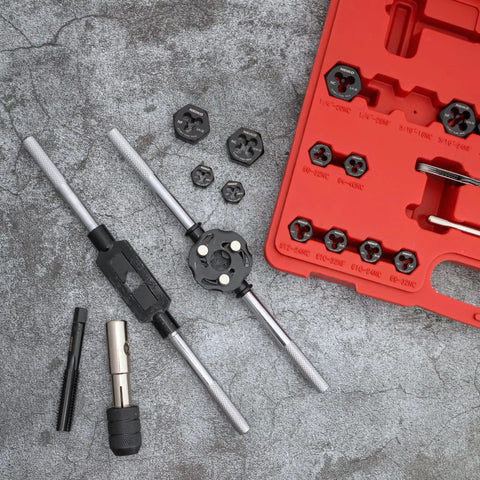 76 Piece Tap And Die Set For External And Internal Threads Rethreading Cutting And Repair Tool For SAE And MM Threads UNC UNF NPT Hex Die Complete Kit displayed with tools and open red case on concrete surface