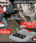 Damaged Lug Nut Flip Socket Set with Half Inch Drive and Three Inch Extension, 17mm, 19mm, 21mm, 13/16in, 7/8in sockets shown