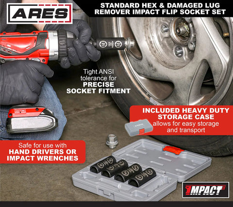 Damaged Lug Nut Flip Socket Set with Half Inch Drive and Three Inch Extension, 17mm, 19mm, 21mm, 13/16in, 7/8in sockets shown