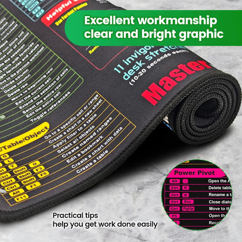 Close-up view of Cheat Sheet Desk Pad With 200 Plus Shortcuts And Formulas, Large 31.5 by 11.8 inch, showing Excel shortcuts and tips.