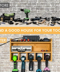 Before and after using Drill Charging Station and Wall Mounted Tool Organizer with power tools arranged neatly on wall shelf.