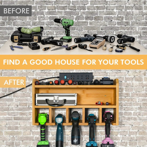Before and after using Drill Charging Station and Wall Mounted Tool Organizer with power tools arranged neatly on wall shelf.