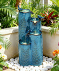 Totally Dope 32 Inch Tall Ceramic Outdoor Water Fountain With Led 4 Tier Tropical Cascading Waterfall Turquoise Glaze Embossed Fern Pattern Bird Attracting Garden Yard Patio Decor