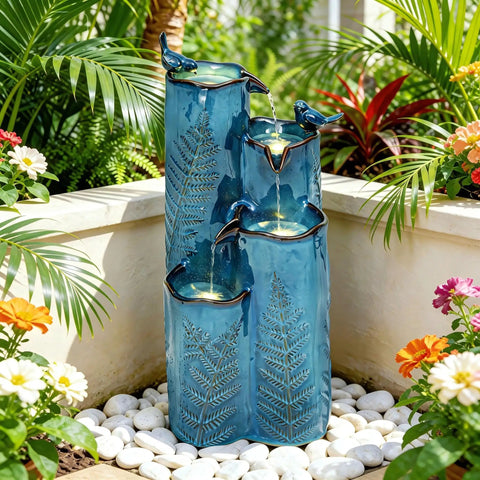 Totally Dope 32 Inch Tall Ceramic Outdoor Water Fountain With Led 4 Tier Tropical Cascading Waterfall Turquoise Glaze Embossed Fern Pattern Bird Attracting Garden Yard Patio Decor
