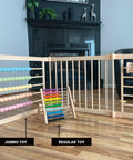 Natural Pine Wood Foldable Baby Playpen With 10 Expandable Panels And Built In Jumbo Activity Toys, features colorful toys for toddlers.