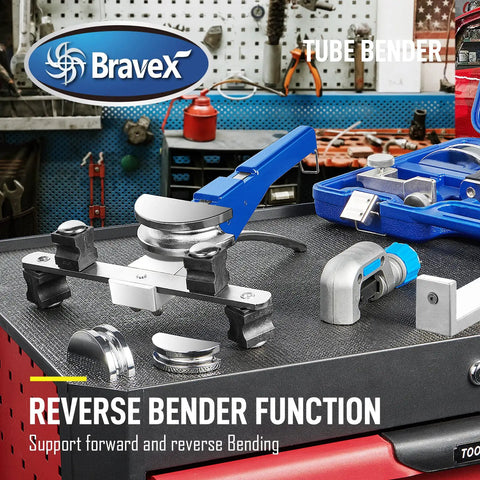 Heavy Duty Tube Bender Kit For HVAC And Auto Repair, One Quarter To Seven Eighths Inch Tube Bender With Forward And Reverse Bends, Durable 40Cr Steel Tool For Hydraulic Lines, Refrigerator And AC Maintenance, 90 Degree Elbows, Includes Tubes displayed on a workbench.