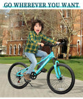 Kid Friendly Mountain Bike 20/24 Inch with 7 Speeds, Suspension Fork, Dual Disc Brakes, Mint Green, ridden by boy on path