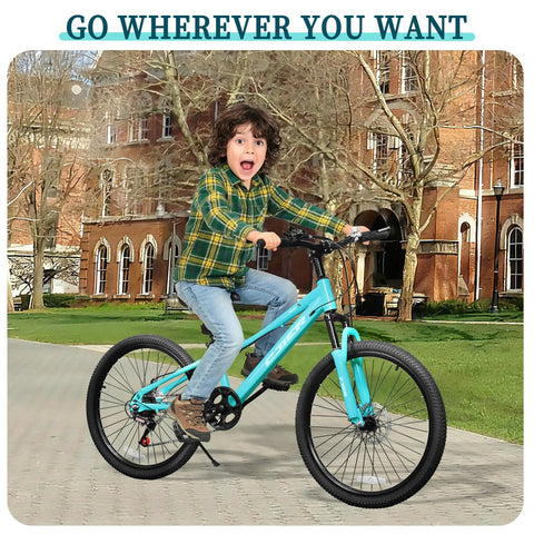 Kid Friendly Mountain Bike 20/24 Inch with 7 Speeds, Suspension Fork, Dual Disc Brakes, Mint Green, ridden by boy on path
