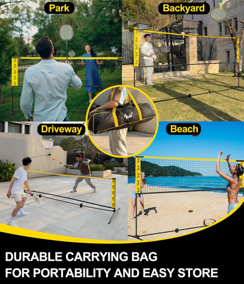 Image of All In One Portable Badminton Volleyball Pickleball Net Set For Adults used in various locations like park, beach, and backyard.