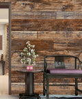 Peel And Stick Brown Wood Wallpaper No Mess Realistic Vintage Grain Self Adhesive Shiplap Style Contact Paper on wall behind chair