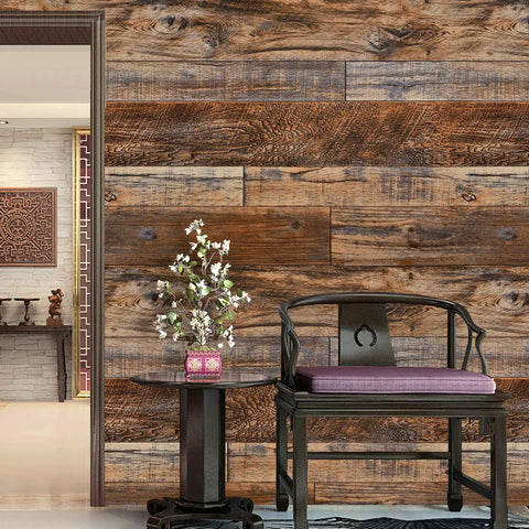 Peel And Stick Brown Wood Wallpaper No Mess Realistic Vintage Grain Self Adhesive Shiplap Style Contact Paper on wall behind chair