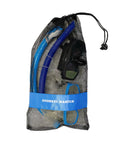 Drawstring Mesh Snorkeling Bag With Blue Bar For Mask And Snorkel Gear, 19 Inch By 11.5 Inch, with snorkel and goggles visible.