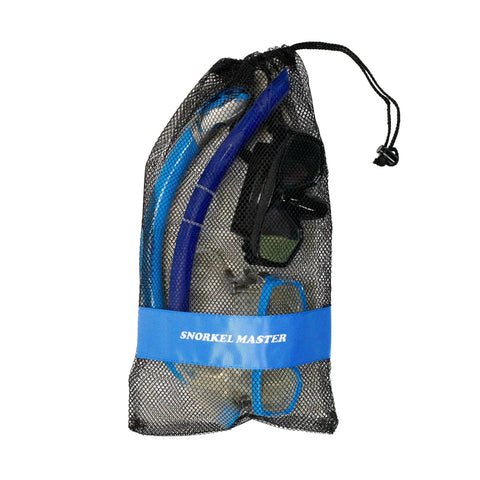 Drawstring Mesh Snorkeling Bag With Blue Bar For Mask And Snorkel Gear, 19 Inch By 11.5 Inch, with snorkel and goggles visible.