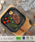 Nonstick Grill Pan With Lid And Tongs 9.5 Inch Square Skillet showing steak and veggies on granite coating