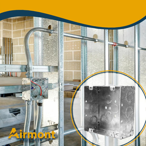 Sturdy 4-11/16 Inch Square Electrical Box Set, Welded Metal Junction Box With Raised Ground, installed in metal framing