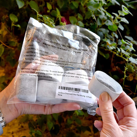 6-Pack Keurig Compatible Water Filter Cartridges for Keurig 2.0 and 1.0 Coffee Makers shown in hand with packaging