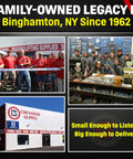 Chenango Supply storefront collage with staff in red shirts, exterior sign, and interior hardware displays