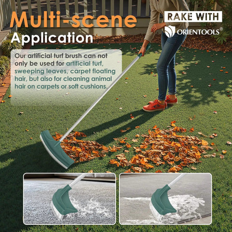 Person using telescopic four section handle turf rake with curved head for artificial turf patios and carpets gathers pet hair leaves