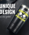 Premium 20 Oz Pickleball Travel Tumbler With Secure Spill Proof Lid And Present Ready Gift Box on black surface with unique design.