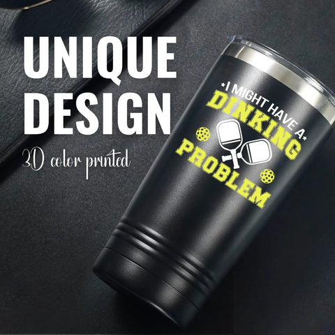 Premium 20 Oz Pickleball Travel Tumbler With Secure Spill Proof Lid And Present Ready Gift Box on black surface with unique design.