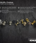 Array of KOHLER faucet finishes against dark background showcasing variety and quality standards.