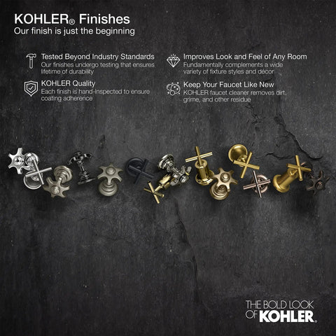 Various KOHLER faucet finishes displayed on a dark background with quality and longevity features highlighted.