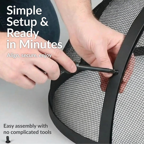 Hands assembling round fire pit spark screen cover with easy opening latch heavy duty steel mesh shield for 36 inch outdoor fire pits.