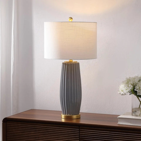 Gray 28.5 Inch Modern Ceramic Table Lamp With Fluted Base And White Linen Shade, Gold Accent, Energy Efficient LED Bulb Included, Perfect Nightstand Or Living Room Accent Light