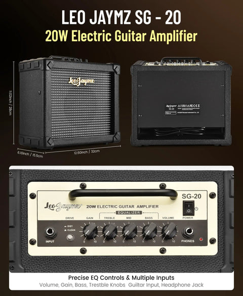 20W Electric Guitar Amplifier with Carry Handle for Practice and Small Gigs, front and back view, EQ controls, multiple inputs