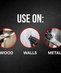 Pro Grade 150 Grit Sandpaper Pack With No Slip Grip Backing, images showing use on wood, walls, and metal.
