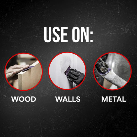 Pro Grade 150 Grit Sandpaper Pack With No Slip Grip Backing, images showing use on wood, walls, and metal.