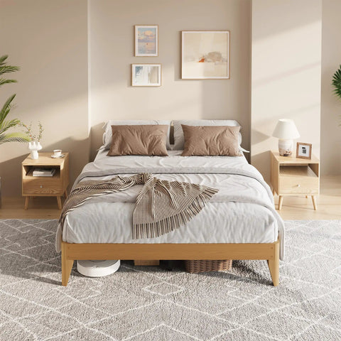 Queen Wood Platform Bed Frame With Solid Wooden Legs And Heavy Duty Slat Support For A Room Refresh in a stylish bedroom.