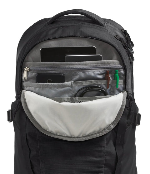 Interior organization of Recon Everyday Laptop Backpack for Work and School with multiple pockets and compartments visible.