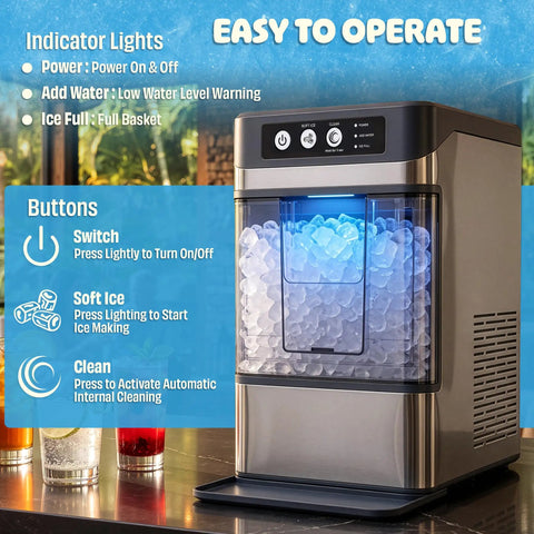 Countertop Nugget Ice Maker Delivering Dang Good Soft Chewable Ice That Chills Your Drinks Fast, no sweat setup with clear control panel.