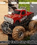 Red RC Monster Truck With Realistic Water Based Spray Mist 2.4GHz Remote Upright 360 Rotate 4WD All Terrain Off Road Toy Car 70 Minute Runtime tackling different surfaces.