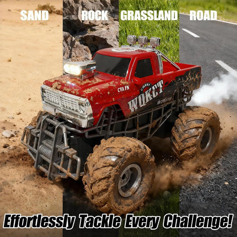Red RC Monster Truck With Realistic Water Based Spray Mist 2.4GHz Remote Upright 360 Rotate 4WD All Terrain Off Road Toy Car 70 Minute Runtime tackling different surfaces.