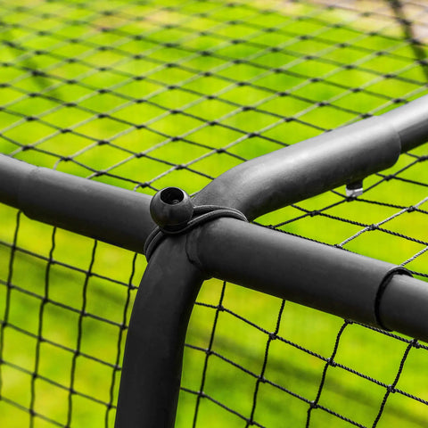 Corner view of durable 32mm steel frame with netting for trapezoid baseball batting cage kit with complete cage and premium net package