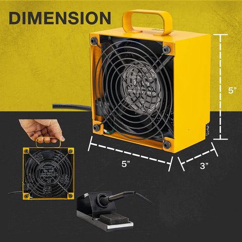 Dual Activated Carbon Filter Solder Fume Extractor With Slick Removable Magnetic Flaps And Steady Airflow; compact design shown with dimensions.